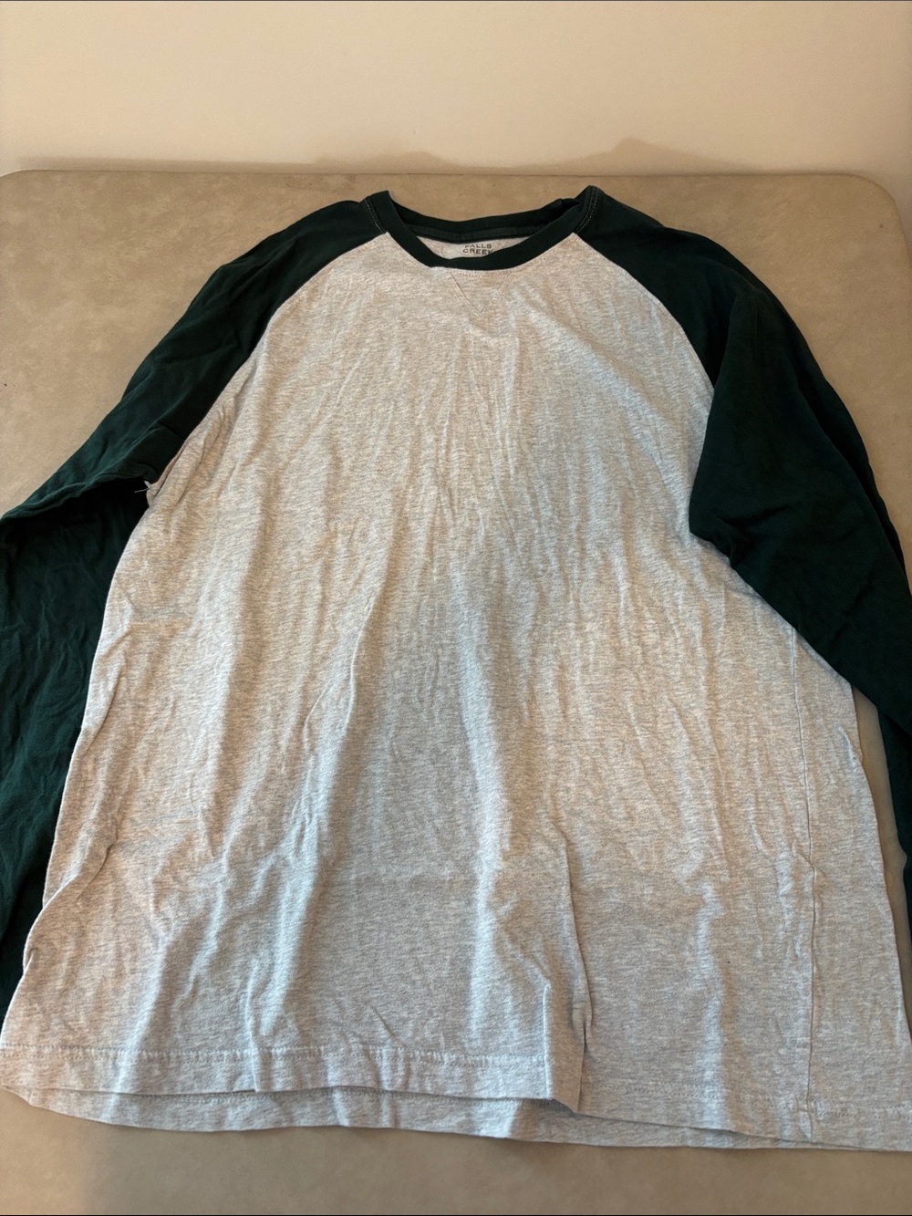 Falls Creek Men's Raglan Long Sleeve Tee in Heather Gray and Dark Green